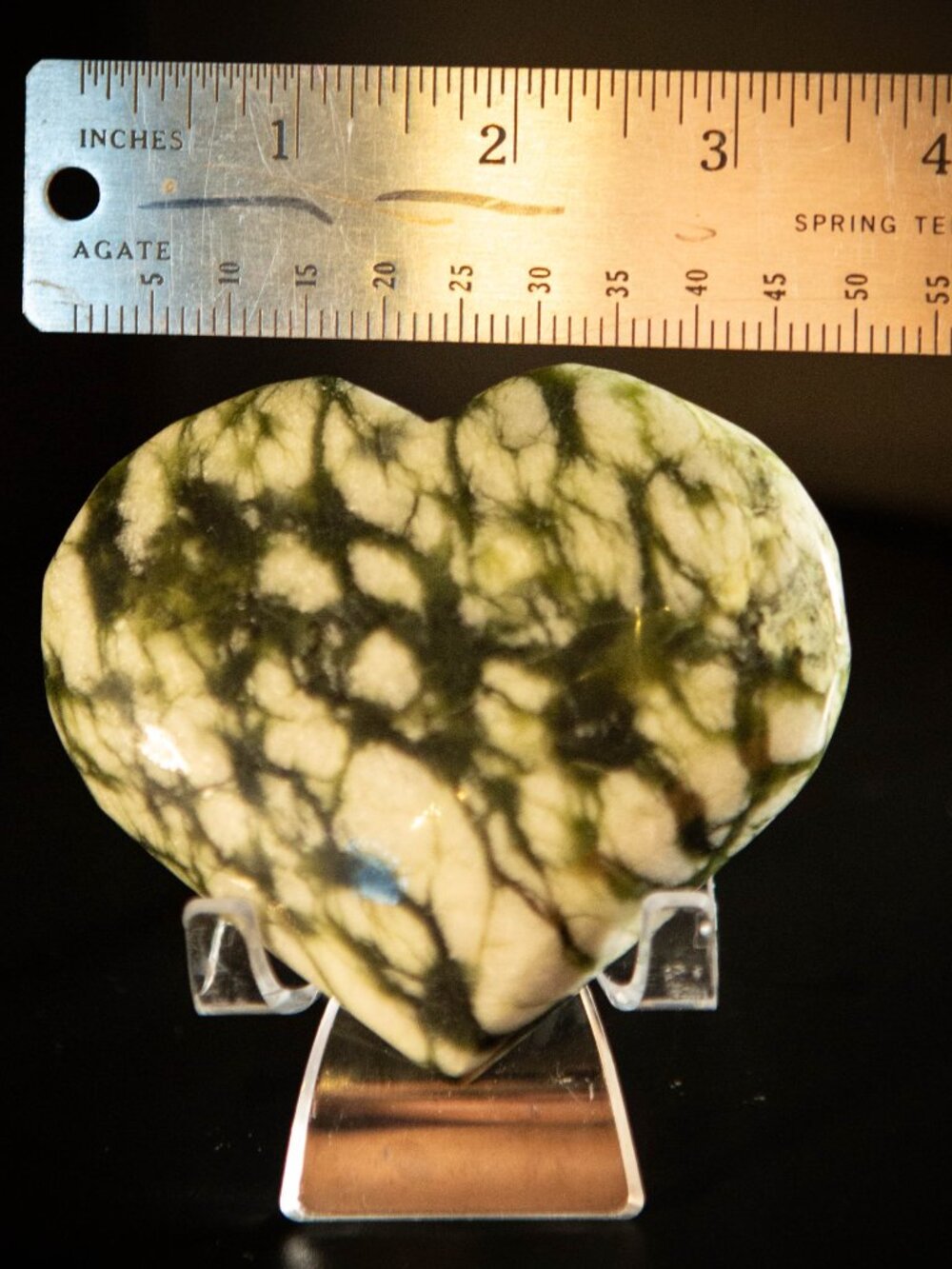 3.5" Natural Serpentine Heart Crystal | Large Green Spiderweb Serpentine Stone | - Picture 5 of 6